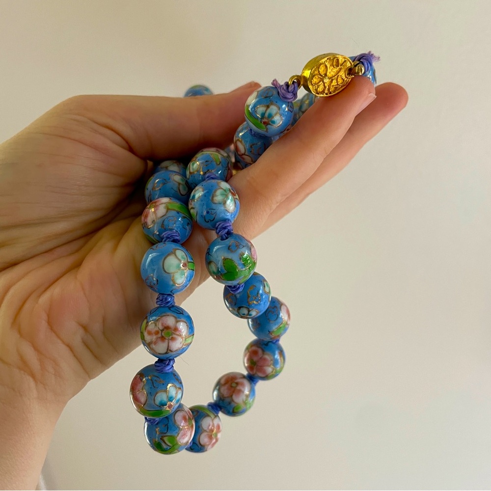 Mid Century Chinese Export Baby Blue Cloisonne Enamel Glass Gold Filled Necklace - Picture 3 of 9